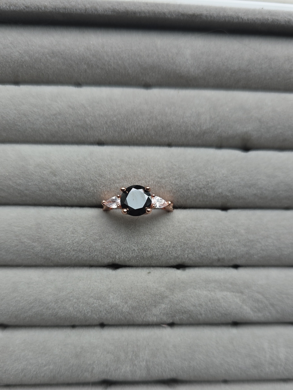 Women's Rose Gold Ring with Black Center Stone and Clear Side Stones
